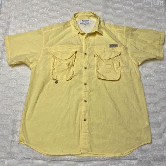 Columbia PFG Fishing Shirt Men's Yellow XL Nylon Short Sleeve Pockets Button-Up - Picture 1 of 11